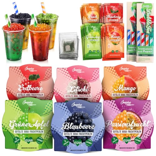 INSPIRE FOOD Bubble Tea Kit – 100g Popping Boba (Erdbeere, Mango, Grüner Apfel, Blaubeere, Litschi, Passionsfrucht) – 30ml Sirupe (Mango, Erdbeere, Pfirsich, Grüner Apfel) – Inkl. Strohhalme und Tee von The Inspire Food Company