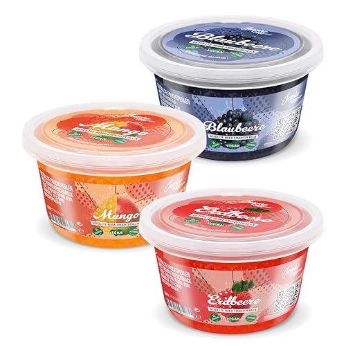 INSPIRE FOOD Bubble Tea Perlen Set - 3er-Pack Popping Boba Fruchtperlen | Erdbeer, Mango, Heidelbeer |Tapioka Perlen 100% vegan und glutenfrei, ohne künstliche Farbstoff, je 450g von The Inspire Food Company