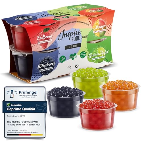 INSPIRE FOOD Bubble Tea Perlen Set - 4er-Pack Popping Boba Fruchtperlen | Erdbeere, Mango, Grüner Apfel, Heidelbeere | Tapioka Perlen 100% vegan und glutenfrei, ohne künstliche Farbstoff, je 100g von The Inspire Food Company