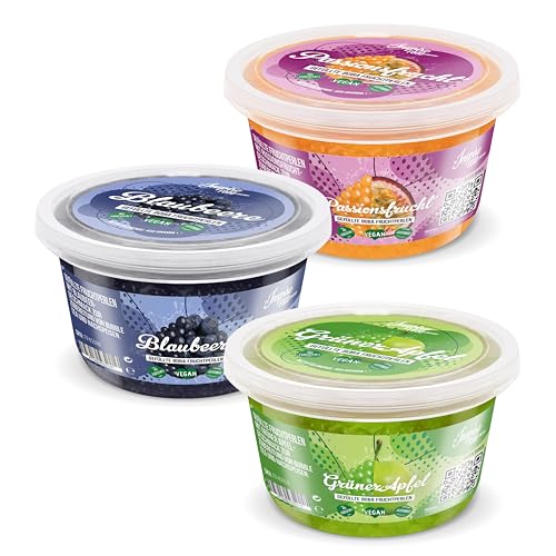 INSPIRE FOOD Bubble Tea Perlen Set - 3er-Pack Popping Boba Fruchtperlen | Grüner Apfel, Blaubeer, Passionsfrucht |Tapioka Perlen 100% vegan und glutenfrei, ohne künstliche Farbstoff, je 450g von The Inspire Food Company