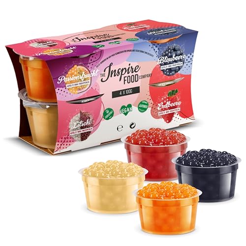 INSPIRE FOOD Bubble Tea Perlen Set - 4er-Pack Popping Boba Fruchtperlen | Erdbeere, Maracuja, Blaubeere & Lychee | Tapioka Perlen 100% vegan und glutenfrei, ohne künstliche Farbstoff, je 100g von The Inspire Food Company