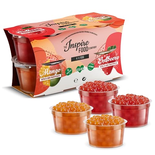 INSPIRE FOOD Bubble Tea Perlen Set - 4er-Pack Popping Boba Fruchtperlen | Erdbeere & Mango | Tapioka Perlen 100% vegan und glutenfrei, ohne künstliche Farbstoff, je 100g von The Inspire Food Company