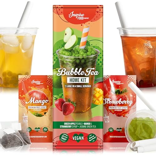 INSPIRE FOOD Bubble Tea-Set - Grüner Apfel Boba Perlen 100g, Erdbeer Sirup 30ml, Mango Sirup 30ml, 4x Strohhalme + 2x Jasmin-Tee | 100% vegan, glutenfrei, ohne künstl. Farbstoffe von The Inspire Food Company