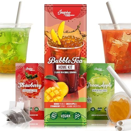 INSPIRE FOOD Bubble Tea-Set - Mango-Boba Perlen 100g, Erdbeer Sirup 30ml, Grüner Apfel Sirup 30ml, 4x Strohhalme + 2x Jasmin-Tee | 100% vegan, glutenfrei, ohne künstl. Farbstoffe von The Inspire Food Company