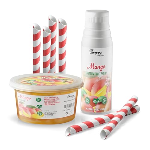 INSPIRE FOOD Bubble Tea Set: Mango Popping boba & Sirup, 6 Strohhalme | 100% vegetarisch und glutenfrei, ohne künstliche Farbstoff von The Inspire Food Company