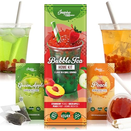 INSPIRE FOOD Bubble Tea-Set - Erdbeer-Boba Perlen 100g, Grüner Apfel Sirup 30ml, Pfirsich Sirup 30ml, 4x Strohhalme + 2x Jasmin-Tee | 100% vegan, glutenfrei, ohne künstl. Farbstoffe von The Inspire Food Company