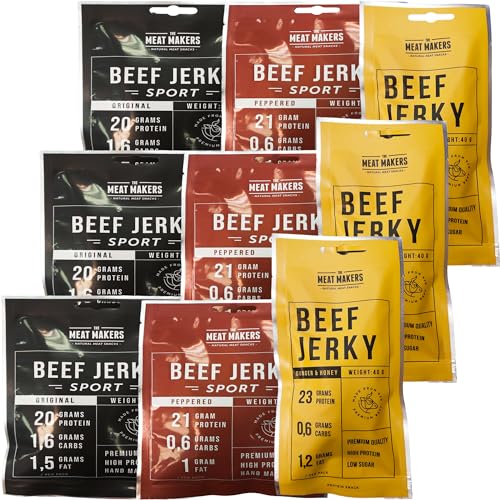 THE MEAT MAKERS – 100% Beef Jerky Sport Mix 9x40g (360g) - Proteinreiches Trockenfleisch, Kalorienarme Trockenfleisch Dörrfleisch Snacks für Menschen von The Meat Makers