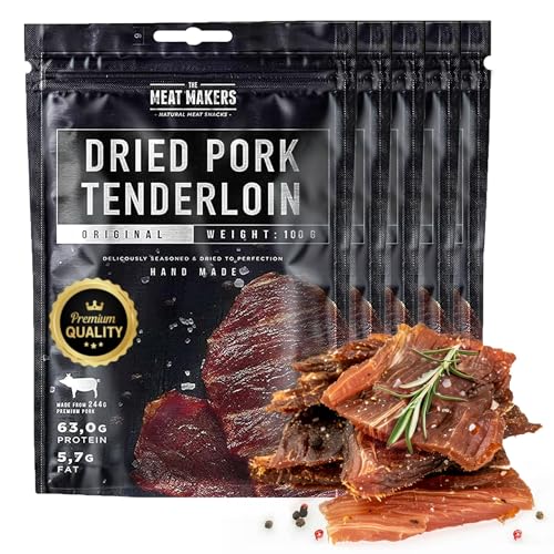 THE MEAT MAKERS - Dried Pork Tenderloin Pork Jerky 500g (5x100g) - Trockenfleisch Für Menschen, Trocken Fleisch Schweinefleisch Schweine Jerky Snack. Hervorragende Alternative zum Beef Jerky Snack. von The Meat Makers