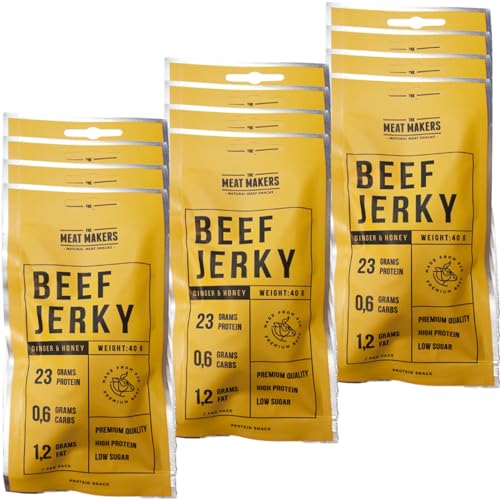 THE MEAT MAKERS High Protein Snack Ginger and Honey Beef Jerky Sport Snack 480g (12x40g) Ingwer und Honig High Protein Meat Snack - Kalorienarme Snacks Trockenfleisch für Menschen Protein Snacks von The Meat Makers