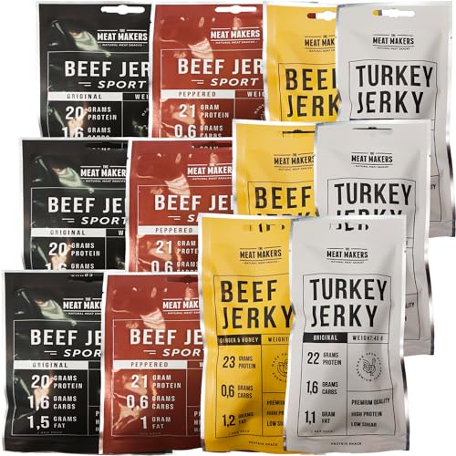 THE MEAT MAKERS High Protein Snack Jerky Sport Mix 480g (12x40g) Beef Jerky, Turkey Jerky High Protein Meat Snack - Kalorienarme Snacks Trockenfleisch für Menschen von The Meat Makers