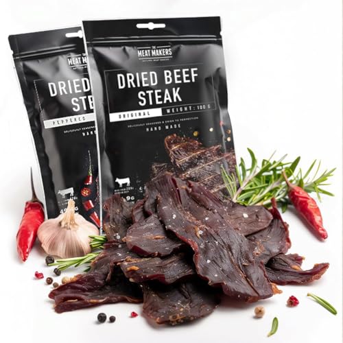 The Meat Makers Beef Jerky Steak Mix (200g) - Getrocknetes Rindersteak Proteinreiches Rindfleisch Dörrfleisch Trockenfleisch Für Menschen Trocken Fleisch Beef Jerky Snack. von The Meat Makers