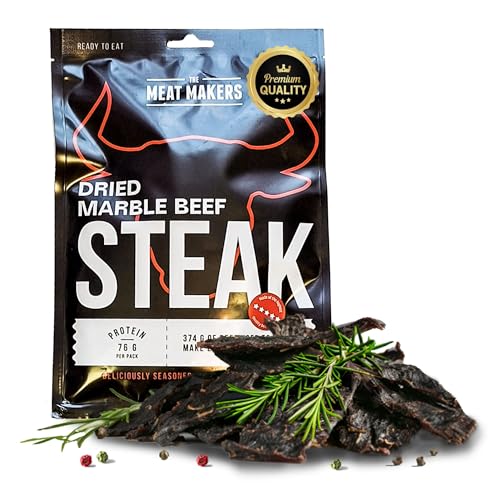 The Meat Makers Marble Beef Jerky Steak (200g) - Getrocknetes Rindersteak Proteinreiches Rindfleisch Dörrfleisch Trockenfleisch Für Menschen Trocken Fleisch Beef Jerky Snack. von The Meat Makers