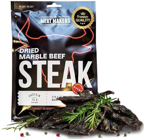 The Meat Makers Marble Beef Jerky Steak (200g) - Getrocknetes Rindersteak Proteinreiches Rindfleisch Dörrfleisch Trockenfleisch Für Menschen Trocken Fleisch Beef Jerky Snack. von The Meat Makers