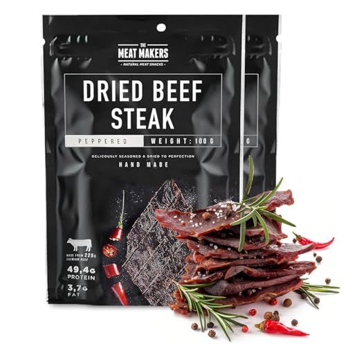 The Meat Makers Peppered Beef Jerky Steak (200g) - Getrocknetes Rindersteak Proteinreiches Rindfleisch Dörrfleisch Trockenfleisch Für Menschen Trocken Fleisch Beef Jerky Snack. von The Meat Makers