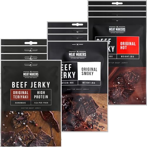 The Meat Makers - Original Smoky | Teriyaki | Hot Beef Jerky Snack Mix 300g (12x25g) - Getrocknetes Rindfleisch Beef Jerky Trocken Fleisch Trockenfleisch für Menschen. von The Meat Makers