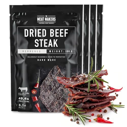 The Meat Makers Peppered Beef Jerky Steak (400g) - Getrocknetes Rindersteak Proteinreiches Rindfleisch Dörrfleisch Trockenfleisch Für Menschen Trocken Fleisch Beef Jerky Snack. von The Meat Makers