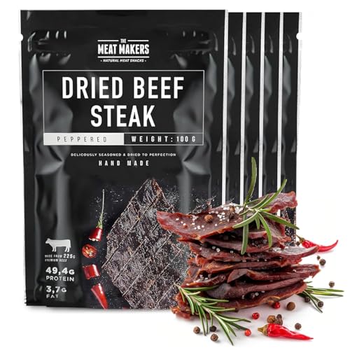 The Meat Makers Peppered Beef Jerky Steak (500g) - Getrocknetes Rindersteak Proteinreiches Rindfleisch Dörrfleisch Trockenfleisch Für Menschen Trocken Fleisch Beef Jerky Snack. von The Meat Makers