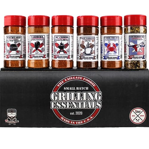 THE TAILGATE FOODIE Rare Pitmaster Gourmet Seasonings | 8-teiliges Grill-Essentials-Geschenkset | 6 geheime Wettbewerbsmischungen & Rezepte für Rippen, Schweinefleisch, Brisket, Huhn, Fisch, Steak **Tolles Valentinstagsgeschenk** von The Tailgate Foodie