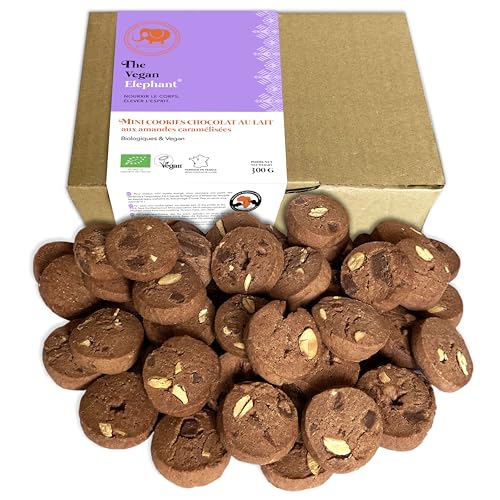 Mini Bio & Vegane Cookies Milchschokolade mit karamellisierten Mandeln – Französische und Handwerkliche Herstellung, Hochwertige Zutaten, Ohne Palmöl, Ohne GVO. 300g von The Vegan Elephant