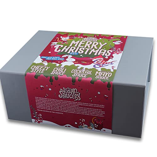 The Vegan Saucery Weihnachts Geschenkbox, gefüllt mit 4 leckeren veganen Saucen im praktischen 200 ml Glas von The Vegan Saucery