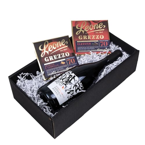 Geschenk-Set „Vino e Cioccolato“ mit Wein und Schokolade in einem Geschenkkarton Italienischer Rotwein Questo Amico Garda Rosso mit Zartbitterschokolade 70% Cacao und Café Geschmack als Geschenkset von The Wine Guys