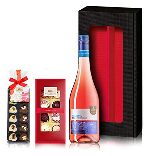 Geschenkset „Valentin“ mit Perlwein und Schokolade in einem Geschenkkarton, Frizzante Valentin Rosa (1x 0,75l) mit edlen Pralinen (1x100g und 1x30g) als Geschenkset von The Wine Guys