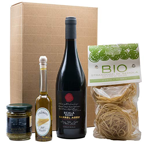 The Wine Guys Präsentkorb „Basta Pasta“ mit italienischen Spezialitäten: Italienischer Feinkost und Rotwein (1 x 0,75 l, 13,5% vol.) | Geschenkset mit Pasta BIO, Pesto, Würzöl zum verfeinern und Wein Scala Rosso von The Wine Guys