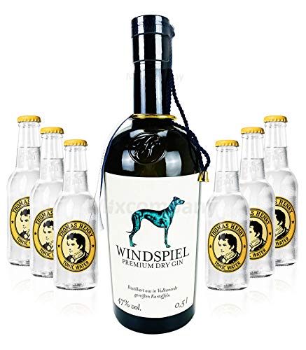 Windspiel Premium Dry Gin 0,5l (47% Vol) + 6x Thomas Henry Tonic Water 0,2l MEHRWEG Bar Longdrink Cocktail Sammlung Gin Tonic inkl. PFAND- [Enthält Sulfite] von Thomas Henry-Thomas Henry