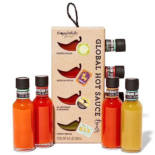 Thoughtfully Global Hot Sauce Chili-Saucen To Go Geschenk-Set - Geschenkbox mit 4 scharfen Saucen - Geschenk für Männer und Frauen von Thoughtfully