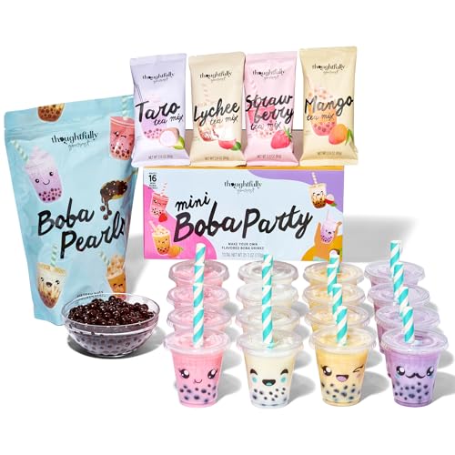 Thoughtfully Gourmet, Mini Boba Party Set, Geschenkset für 16 Portionen Bubble Tea, mit 4 Geschmacksrichtungen, Boba-Perlen, Bechern, Deckeln und Strohhalmen von Thoughtfully