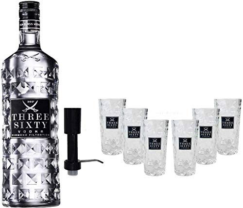 Three Sixty Set Geschenkset ? Three Sixty Wodka Vodka 3L 3000ml (37,5% Vol) + Pumpe + 6x Shotgläser Glas 2 und 4cl geeicht- [Enthält Sulfite] von NUGOYA