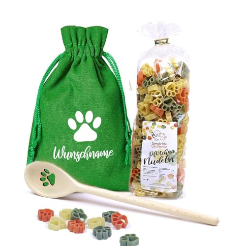 Geschenk Set Hundebesitzer (Grün) | Pfote | Kochlöffel mit 250 Gramm Gourmet Nudeln in einem personalisiertem Geschenkbeutel verpackt von Tierisch-tolle Geschenke