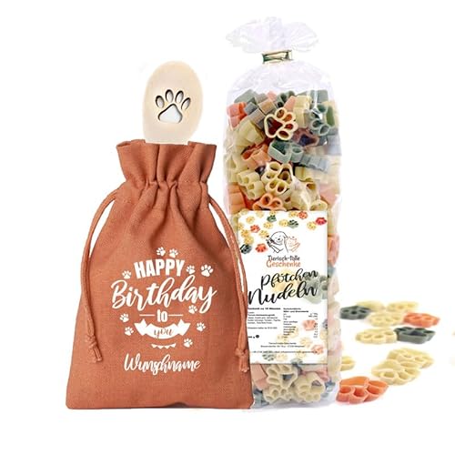 Geschenk Set Hundebesitzer (Happy Birthday) | Kochlöffel mit 250 Gramm Gourmet Nudeln in einem personalisiertem Geschenkbeutel verpackt von Tierisch-tolle Geschenke