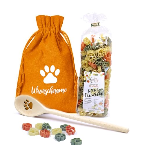 Geschenk Set Hundebesitzer (Orange) | Pfote | Kochlöffel mit 250 Gramm Gourmet Nudeln in einem personalisiertem Geschenkbeutel verpackt von Tierisch-tolle Geschenke