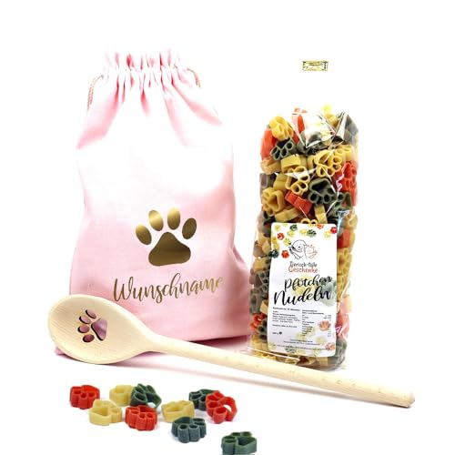 Geschenk Set Hundebesitzer (Rosa) | Pfote | Kochlöffel mit 250 Gramm Gourmet Nudeln in einem personalisiertem Geschenkbeutel verpackt von Tierisch-tolle Geschenke