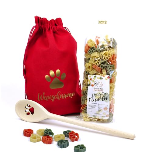 Geschenk Set Hundebesitzer (Rot) | Pfote | Kochlöffel mit 250 Gramm Gourmet Nudeln in einem personalisiertem Geschenkbeutel verpackt von Tierisch-tolle Geschenke