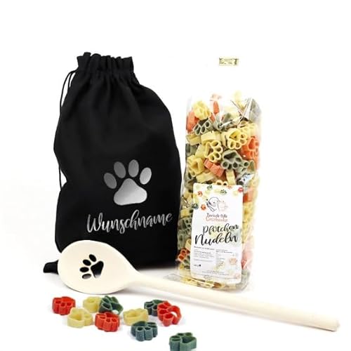 Geschenk Set Hundebesitzer (Schwarz) | Pfote | Kochlöffel mit 250 Gramm Gourmet Nudeln in einem personalisiertem Geschenkbeutel verpackt von Tierisch-tolle Geschenke