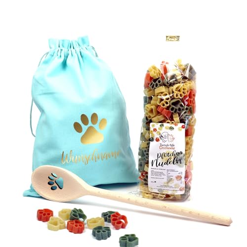 Geschenk Set Hundebesitzer (Türkis) | Pfote | Kochlöffel mit 250 Gramm Gourmet Nudeln in einem personalisiertem Geschenkbeutel verpackt von Tierisch-tolle Geschenke