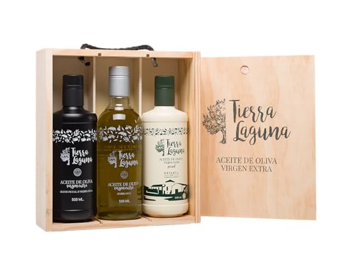 Kaltgepresstes Natives Olivenöl Extra in Holzkiste Tierra Laguna - Enthält Picual Olivenöl, Mischung Olivenöl und Hojiblanca Olivenöl - Besondere Öle zum Verschenken, Verkostung - 3 Flaschen x 500 ml von Tierra Laguna