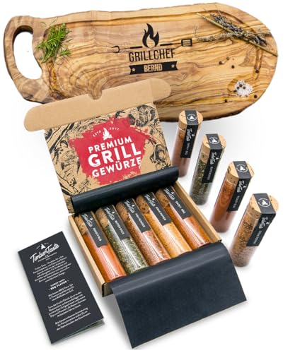 BBQ Grill Gewürz & Grillbrett für Männer [+ PERSONALISIERT] - 5 erlesene Grillgewürze inkl. Rezepte, Grill Geschenke für Männer, Grill Zubehör, Gewürze Set, Personalisierte Geschenke Männer von Timber Taste