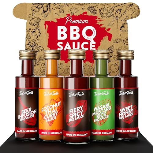 TIMBER TASTE® BBQ Sauce Geschenkset [5 x 40 ml] | Exotic BBQ Sauce Set | Leckere Soßen Geschenkbox | Geschenke für Männer & Frauen | Gewürzgläser Geschenkset Geburtstag | Mitbringsel als Gastgeschenk von Timber Taste