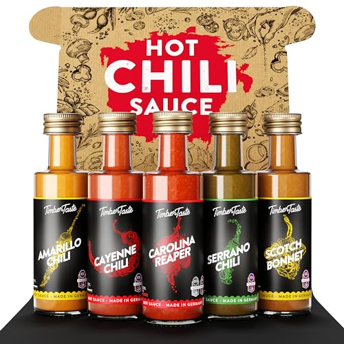 TIMBER TASTE® Chili Sauce Geschenkset [5 x 40ml] | Offroad Hot Sauce Chili Set | Scharfe Soßen Geschenkset Ostern | Besonderes Ostergeschenk für Männer & Frauen | Chili Gewürz Set von Timber Taste