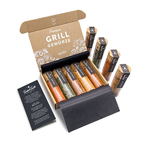 TIMBER TASTE® Grill Gewürze Geschenkset Frauen & Männer | 5 erlesene BBQ Grillgewürze inkl. Rezepte | Grill Zubehör Ostern Geschenke für Frauen | Gewürze Set Ostergeschenke für Erwachsene | Gewürzset von Timber Taste