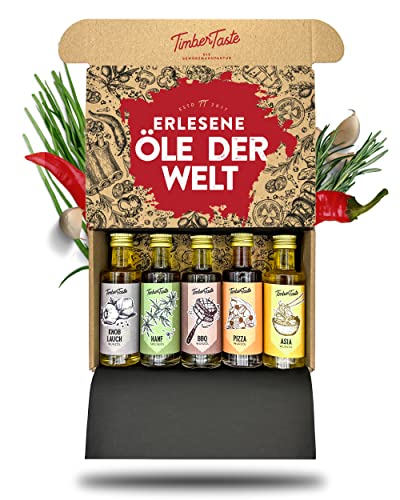 TIMBER TASTE® Öl Geschenkset Frauen & Männer [Welt] - 5 erlesene Essige & Speiseöle [5x40ml] - Kochbox Koch Set - Öle Gewürze Geschenk Set - Geschenkbox für Sie - Besondere Geschenke Frauen von Timber Taste