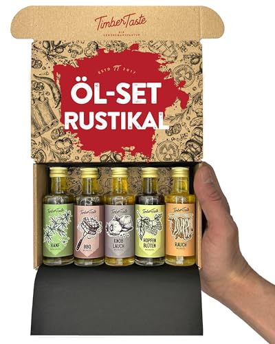 TIMBER TASTE® Öl Geschenkset [Rustikal] - 5 erlesene Speiseöle [5x40ml] - Öle Gewürze Geschenk Set - Kochbox Koch Set - Geschenkbox zum Geburtstag - Besondere Geschenke für Männer & Frauen von Timber Taste