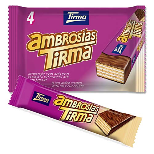 Tirma Ambrosia Waffelriegel mit Sahnefüllung | 86g | 4 Stück | Überzogen mit Milchschokolade | Einzeln verpackte Kanarische Schokolade | Vegetarische Snacks aus Spanien von Tirma