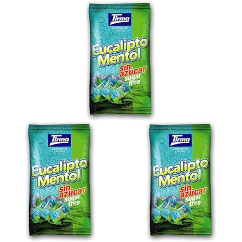 Tirma Eukalyptus-Menthol-Bonbons, Zuckerfrei, 150g | Glutenfrei | Für Vegetarier geeignet | Nicht-GVO | Einzeln verpackt (Packung mit 3) von Tirma