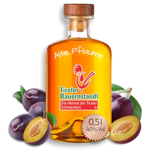 Tiroler Bauernstandl - Alte Pflaume [ 0,5 l ] 40% Vol. Holzfass Obstler Schnaps Angebot Spirituosen Geschenke für Frauen Geschenke für Männer Alkohol Geschenke Likör Geburtstagsgeschenk für Männer von Tiroler Bauernstandl