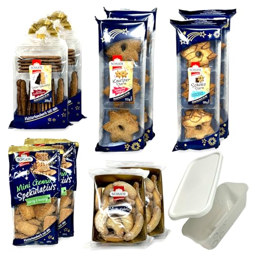 2 kg Weihnachtsgebäck 10er Pack mit 1. Aufbewahrungsbox (2x Mini Gewürz Spekulatius, 2x Vanille -Kipferl, 2x Schoko Sterne, 2x Knusper Stern) von Tise Süsswaren