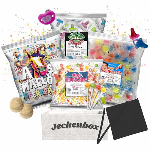 Jeckenbox Wurfmaterial Karneval - Marshmallow Pferdeäpfel, Beisser Schnulli, Ring Schnuller und Mini Lutscher (1178g) + inkl. Umhängebeutel von Tise Süsswaren